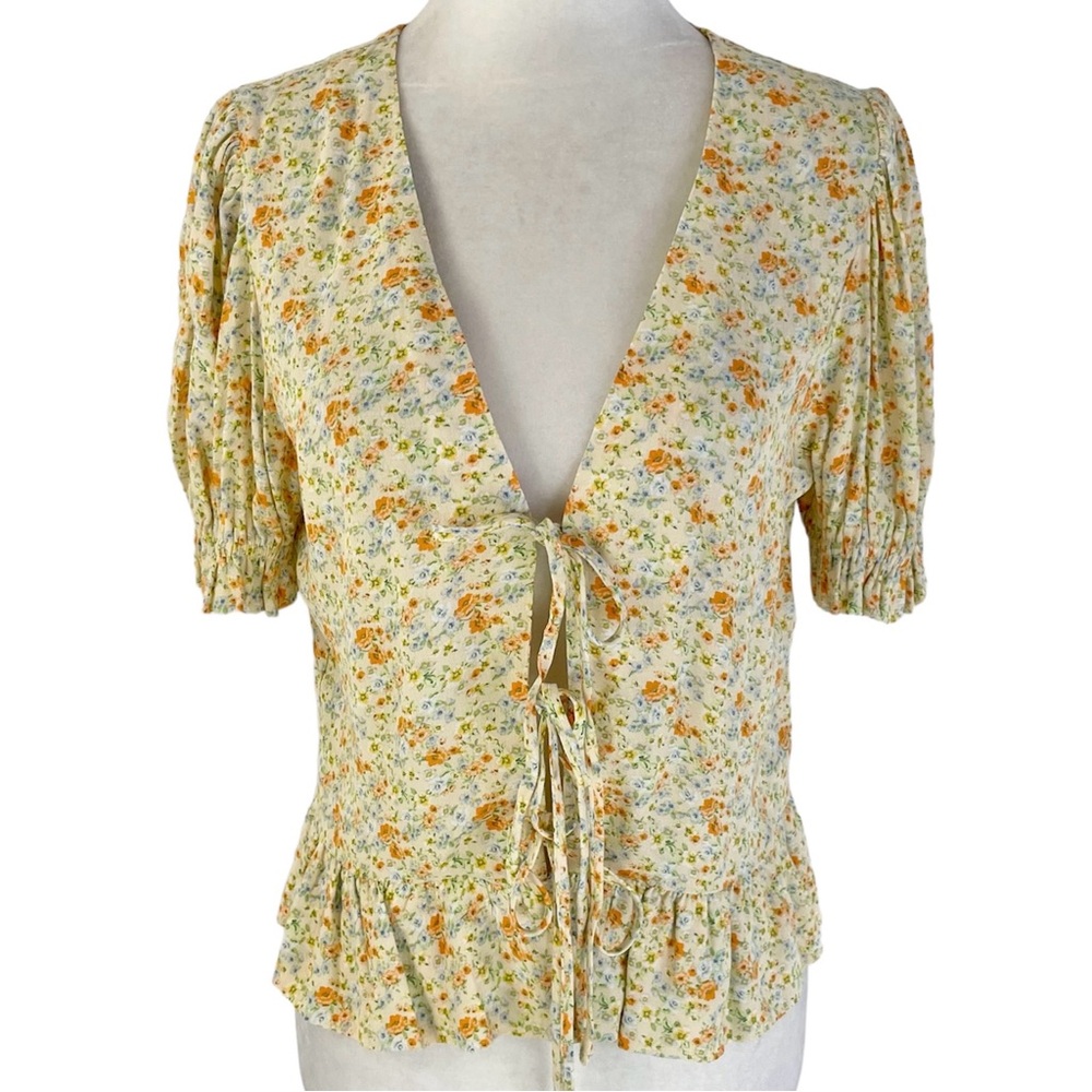 New Sophie Rue Floral Print Tie Front Puff Short Sleeve Top Yellow Size Small